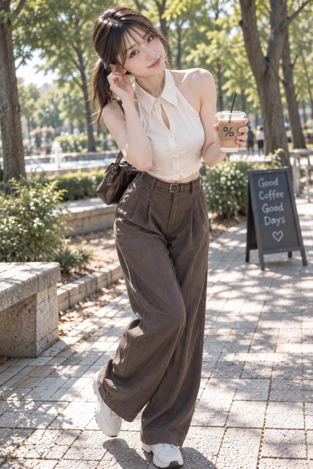 Foto urbana de cuerpo entero de una joven sonriendo con un café en un sendero de parque soleado, generado con 通用 / 未注明