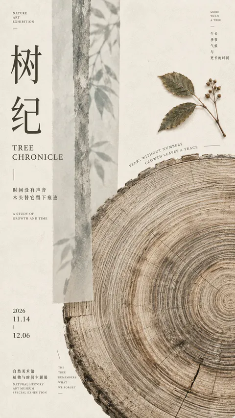 东方艺术展览海报《树纪》，右下角为年轮截面，右上角有干枝标本, generado con GPT Image 2
