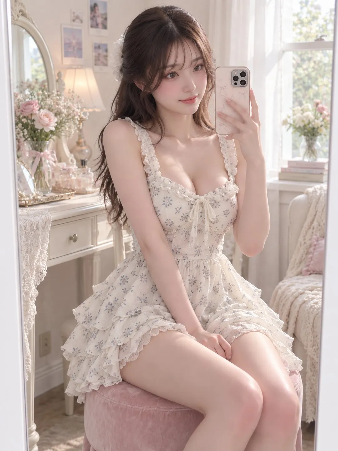 年轻女性穿着碎花吊带短裙坐在圆凳上，举着手机进行对镜自拍｜GPT Image 2 生成