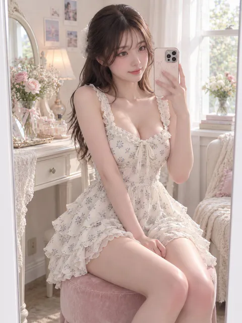 年轻女性穿着碎花吊带短裙坐在圆凳上，举着手机进行对镜自拍｜GPT Image 2 生成