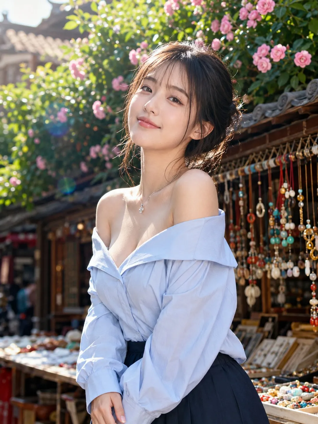 花卉市集中身穿落肩浅蓝色衬衫的年轻女性肖像｜GPT Image 2 生成