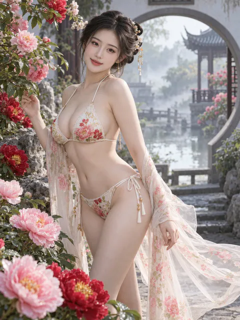 A young East Asian woman in an embroidered Chinese-style bikini standing among peonies in a classical garden, generated with