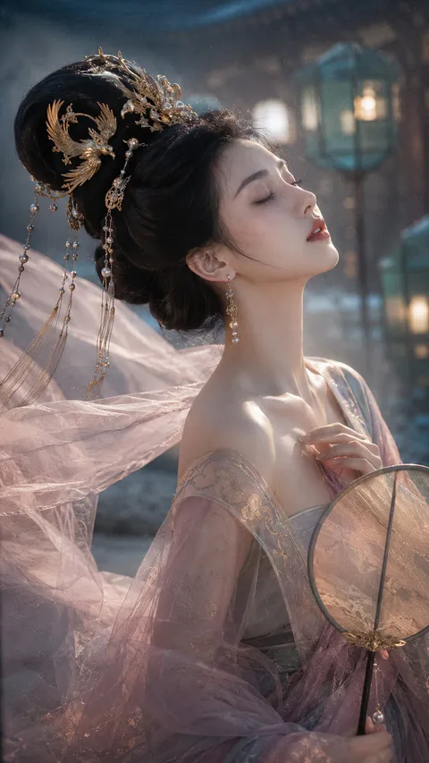 A classical East Asian woman in Tang Dynasty attire with a high updo and gold hairpin, closing her eyes in a side profile por