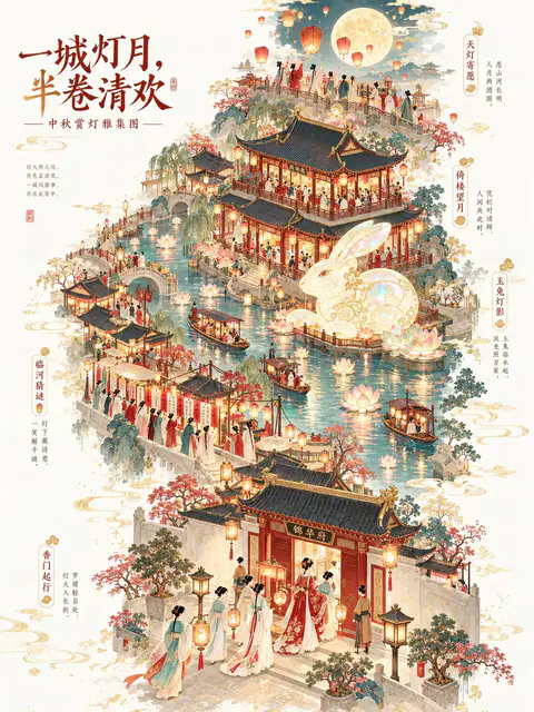 2.5D国风全景插画，展现中秋佳节亭台楼阁、河道玉兔彩灯与仕女游园赏灯的繁华场景｜通用 / 未注明 生成
