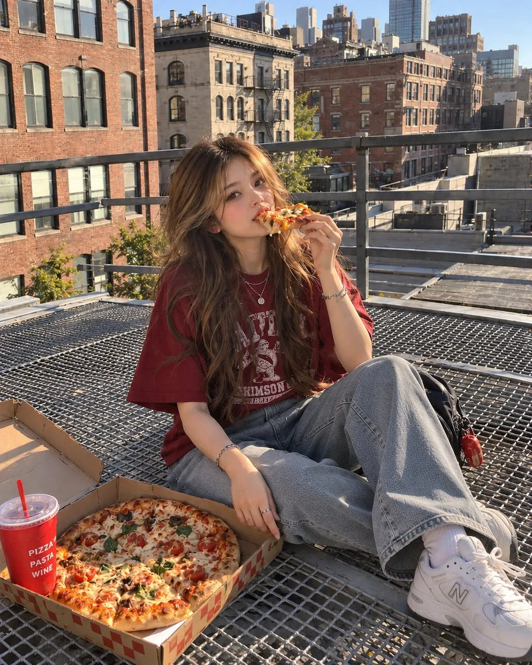 Joven comiendo pizza en la rejilla de una azotea rodeada de edificios de ladrillo rojo, bajo el sol de la tarde, generado con