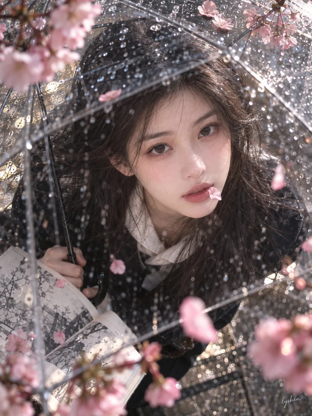 雨中撑着透明雨伞仰望镜头的东亚年轻女性肖像，伞面布满水珠与樱花｜GPT Image 2 生成