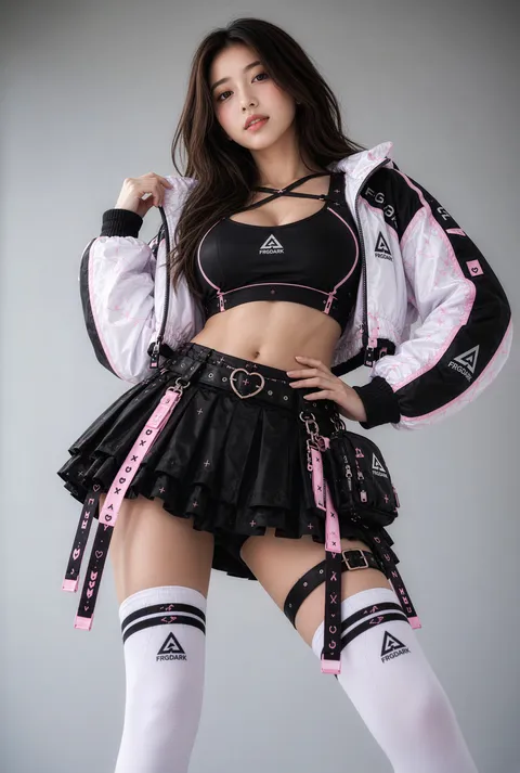 Front-view shot of a young woman wearing a futuristic sports bra and high-waisted pleated miniskirt, generated with 通用 / 未注明