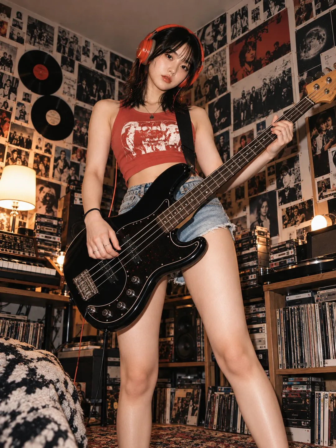 Young female bassist standing with an electric bass in a poster-filled music studio, generated with 通用 / 未注明