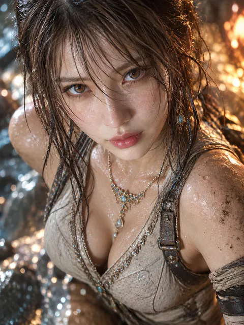 雨水与火光中带有泥泞痕迹的女性战士近景俯拍肖像，身着深V领战装｜GPT Image 2 生成