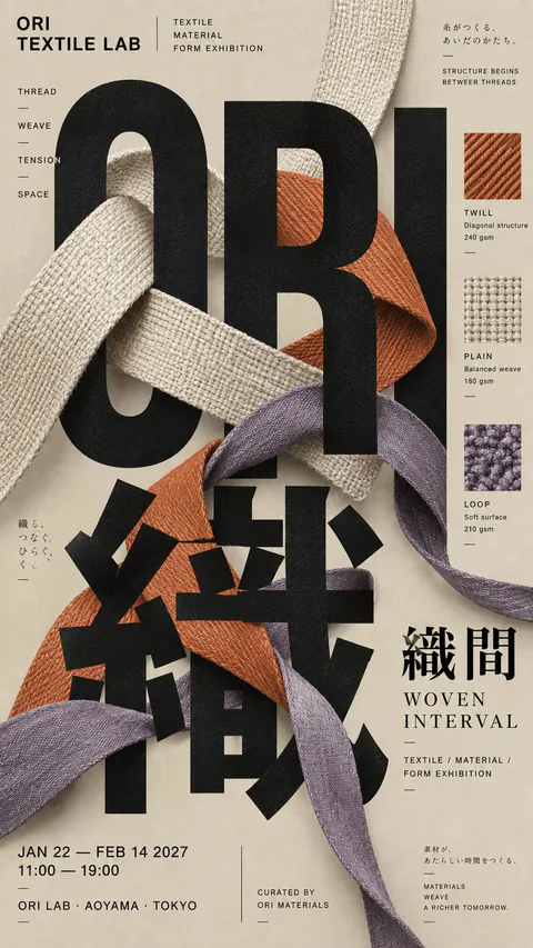 编织织带穿插于巨大黑色英文字母与汉字织间之间的米色展览海报, generado con GPT Image 2