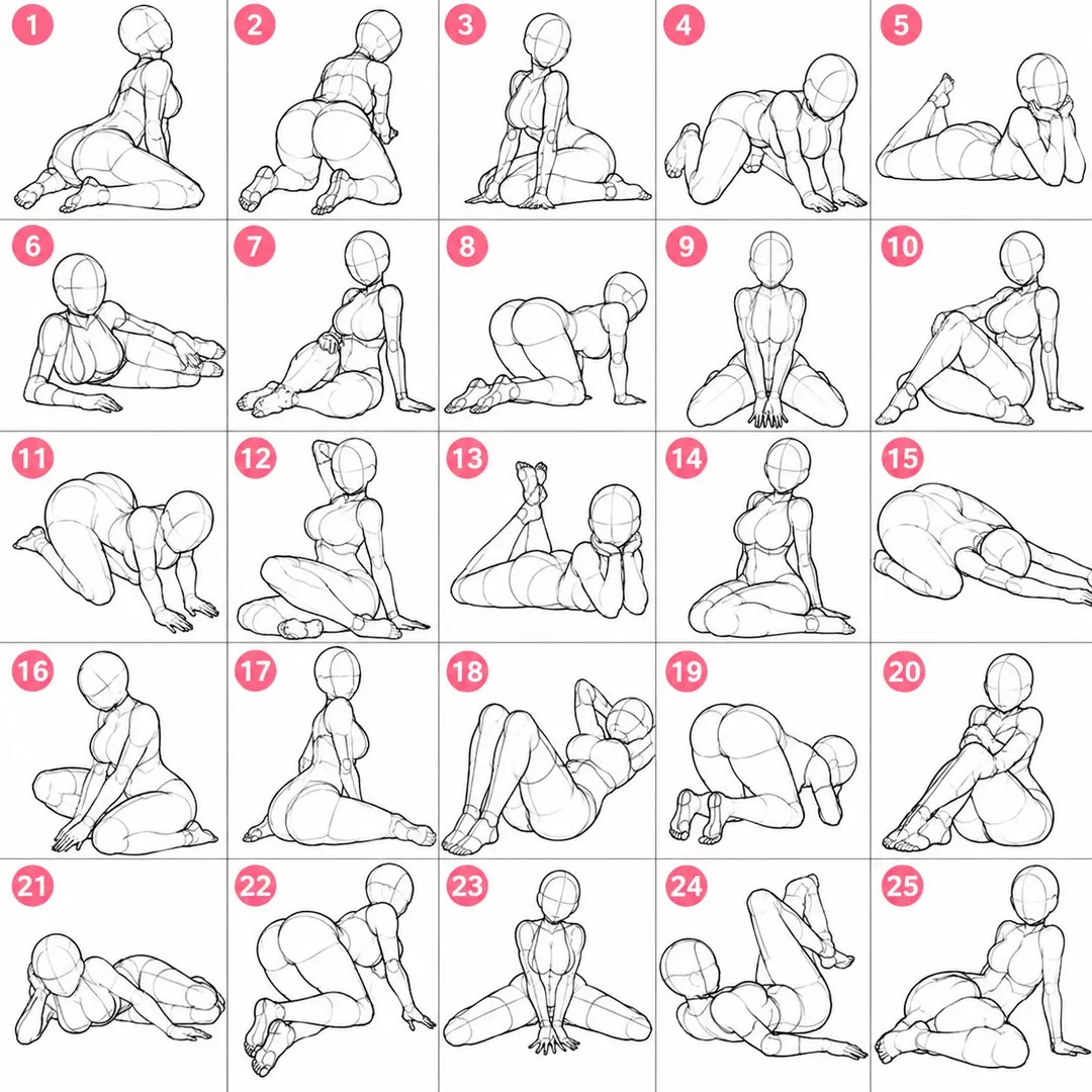 A 25-grid matrix illustration of female pose reference line sketches with red numbering., generated with GPT Image 2