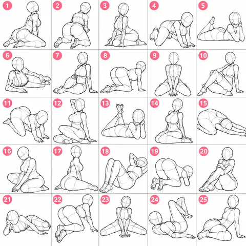 A 25-grid matrix illustration of female pose reference line sketches with red numbering., generated with GPT Image 2