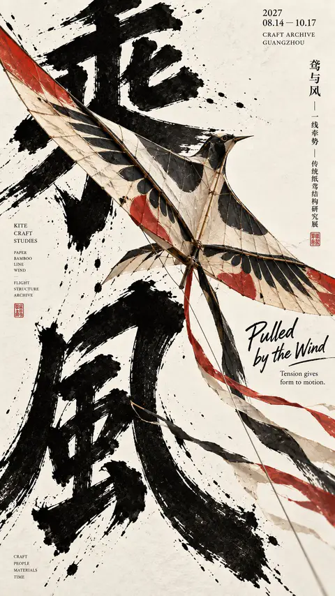 传统燕子纸鸢斜穿黑色毛笔书法海报, generado con GPT Image 2