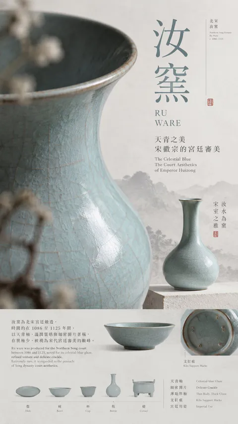 北宋汝窑天青瓷瓶特写展览排版海报｜GPT Image 2 生成