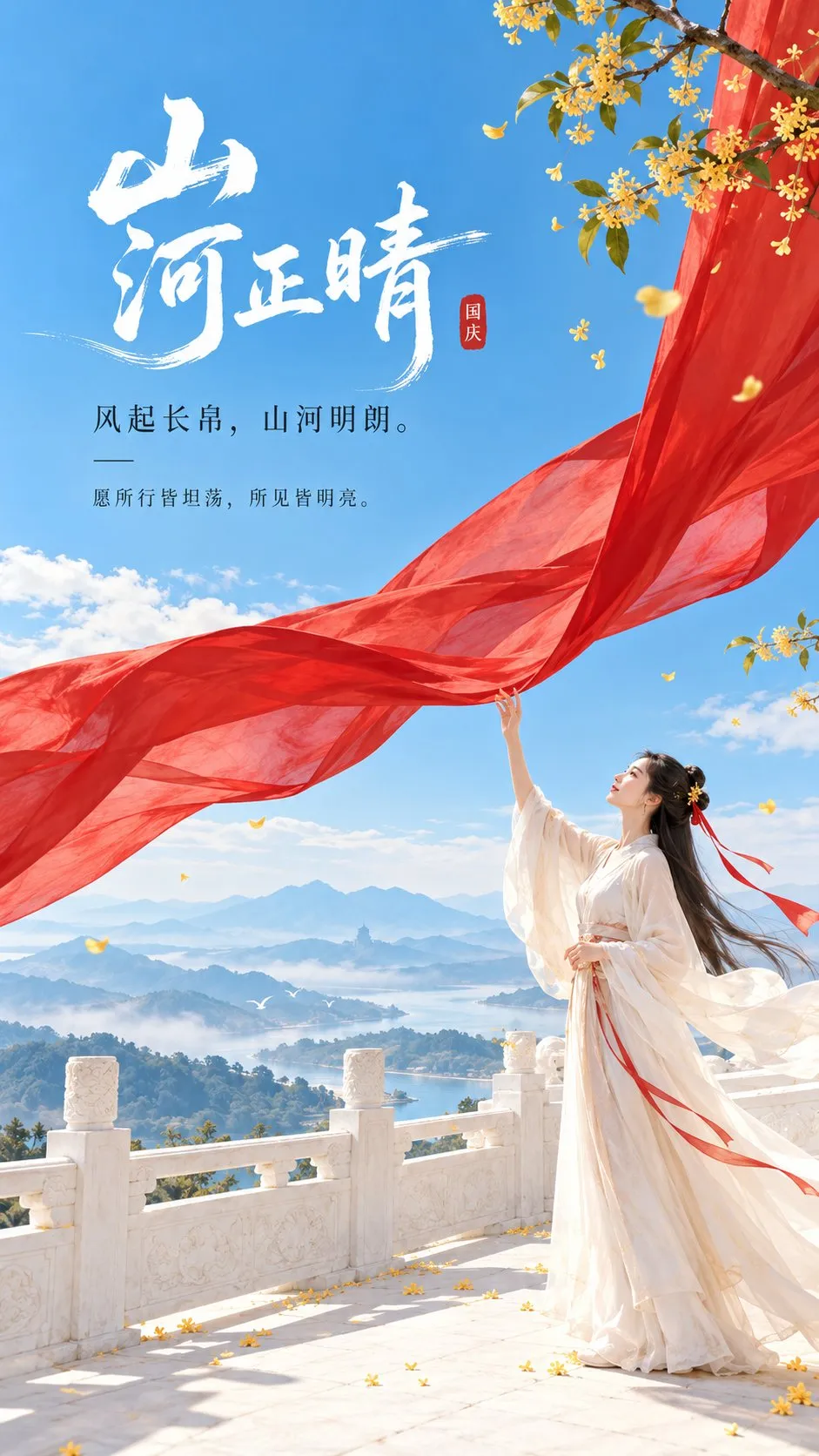 A woman in traditional attire on a white marble terrace looking at a flying red silk ribbon against a clear blue sky, generat