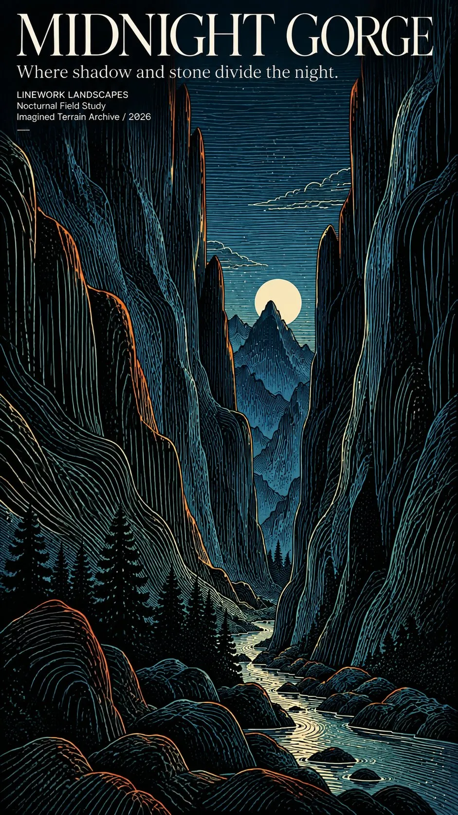 Vertical contour linework poster titled 'Midnight Gorge' featuring a night canyon under a moonlit sky., generated with GPT Im