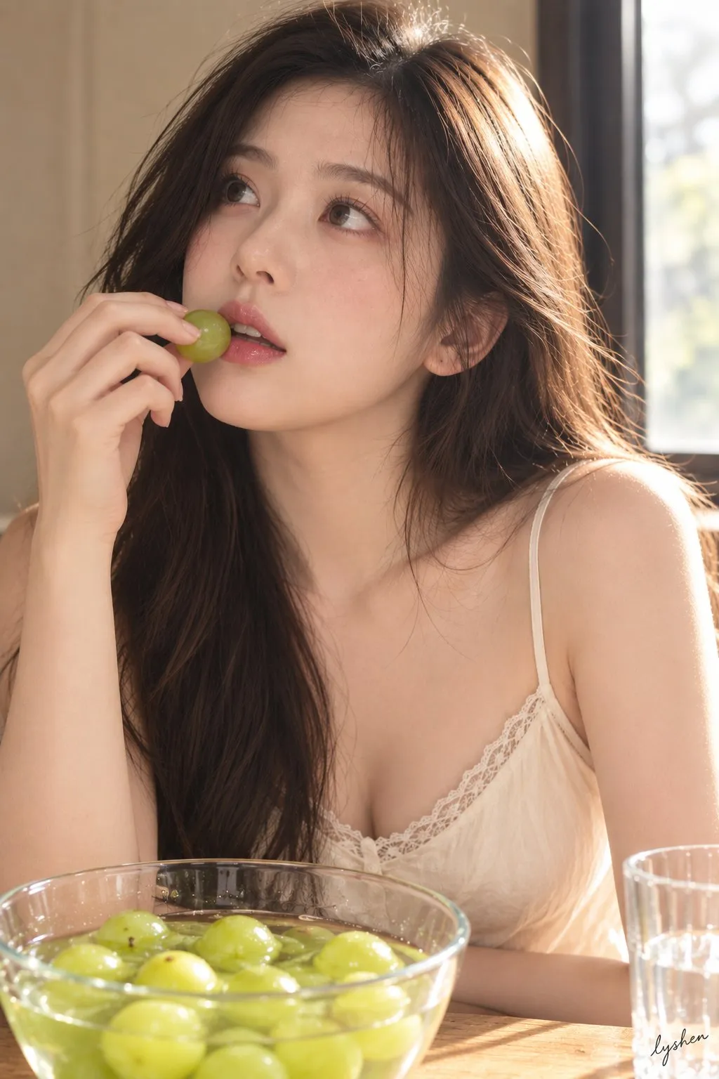 Young woman in a white camisole holding a green grape by the window, generated with 通用 / 未注明