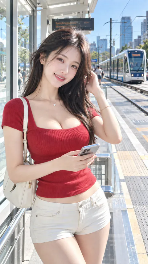 现代有轨电车站台前，穿红色低领针织衫与超短裤的年轻女性微笑侧身看镜头｜GPT Image 2 生成