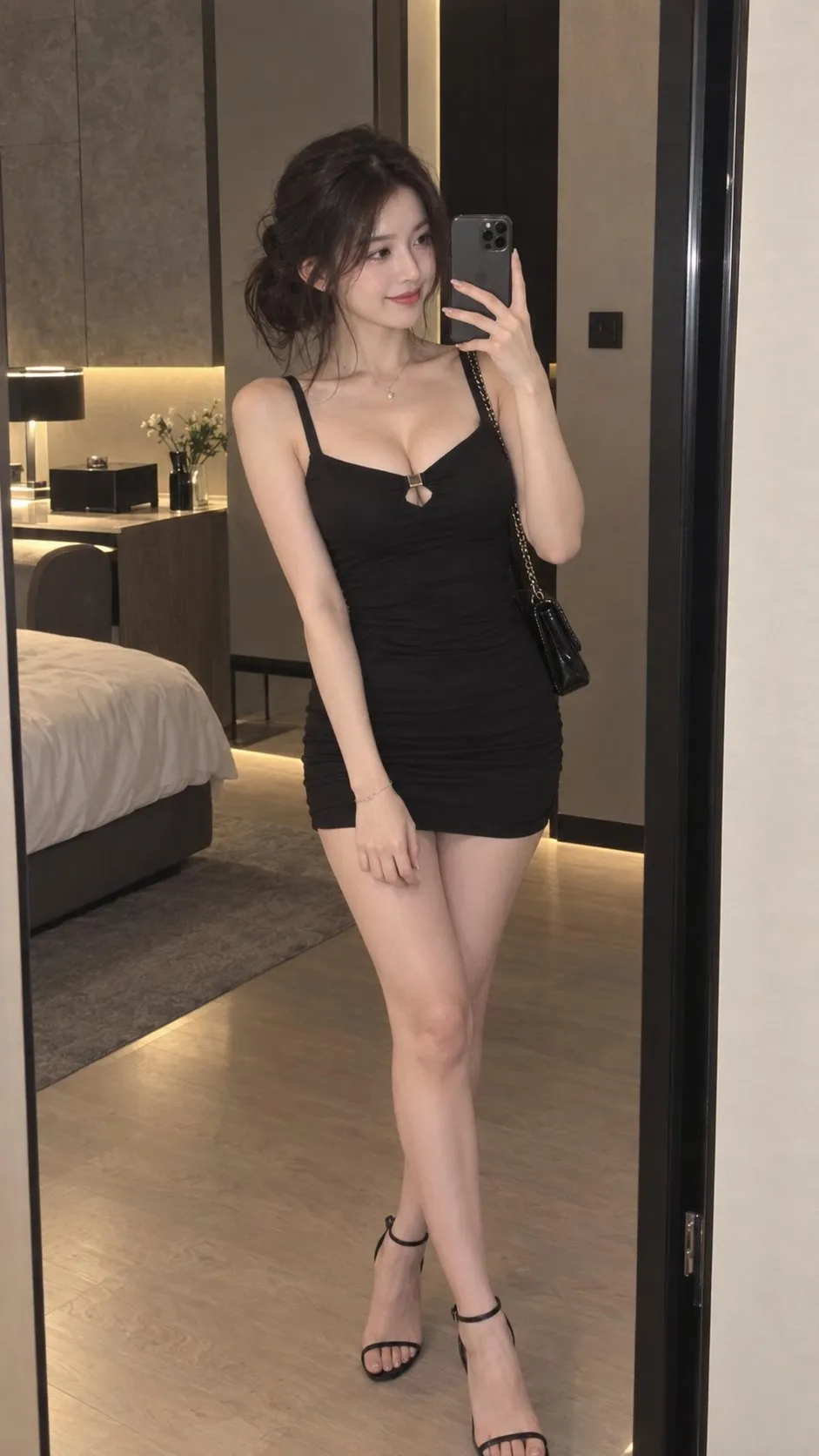 A young adult woman in a black mini dress taking a full-body mirror selfie in a modern hotel room, generated with 通用 / 未注明