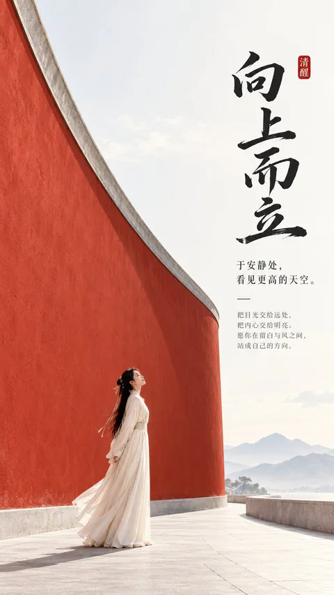 A woman in pale traditional clothing standing beside a monumental red curved wall with calligraphy typography in negative spa