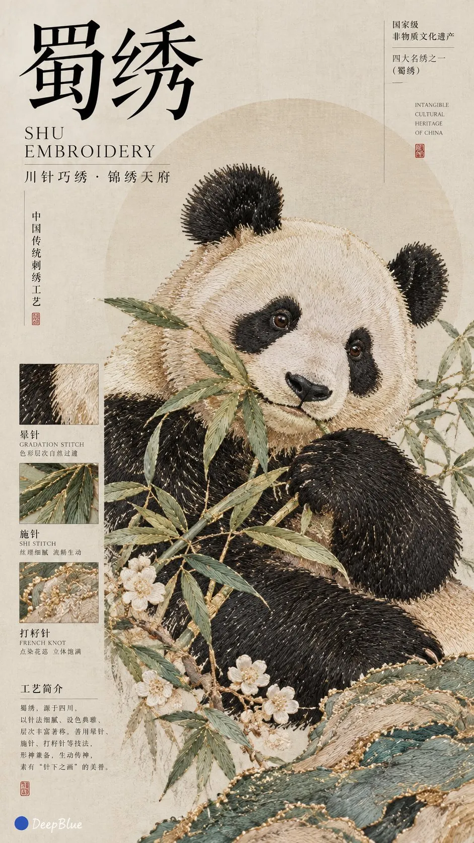 Shu embroidery style poster featuring a giant panda, with stitch craft callouts and typography, generated with GPT Image 2