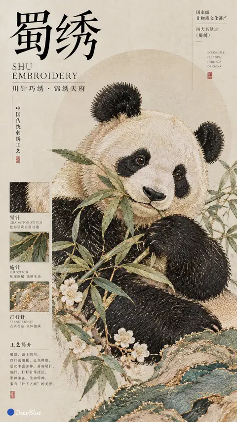 蜀绣风格的大熊猫海报，带有晕针、施针等工艺标注与排版｜GPT Image 2 生成