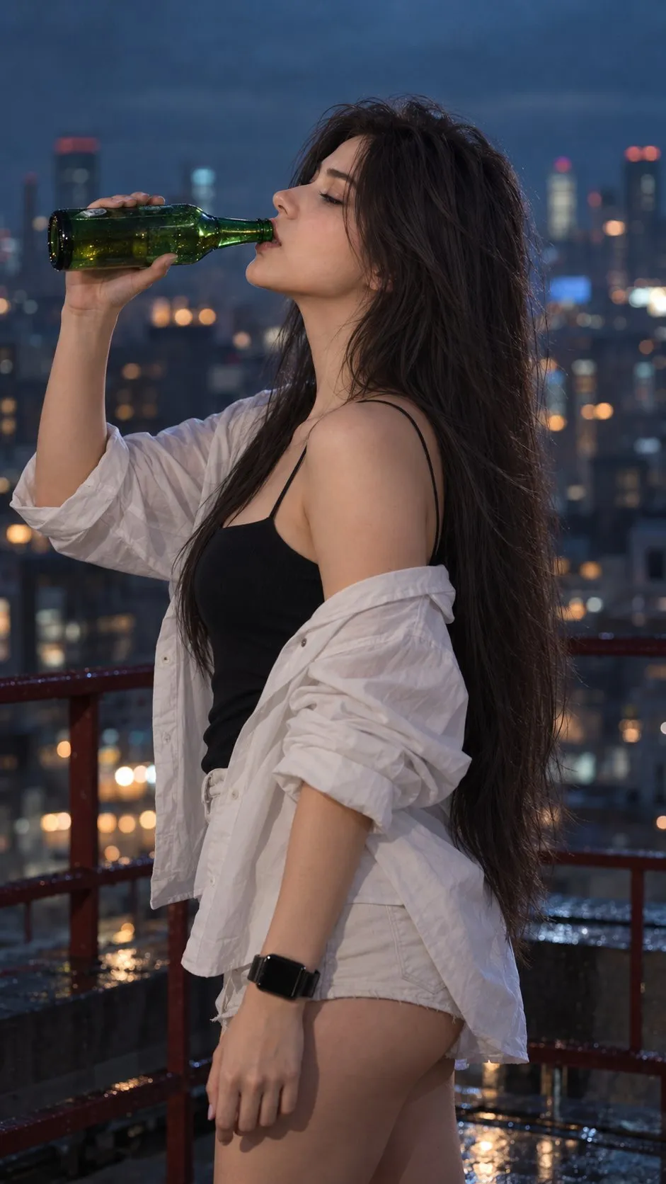 长发女性身穿吊带露肩衬衫和超短裤，在城市天台手持绿瓶仰头饮酒的侧面特写｜GPT Image 2 生成