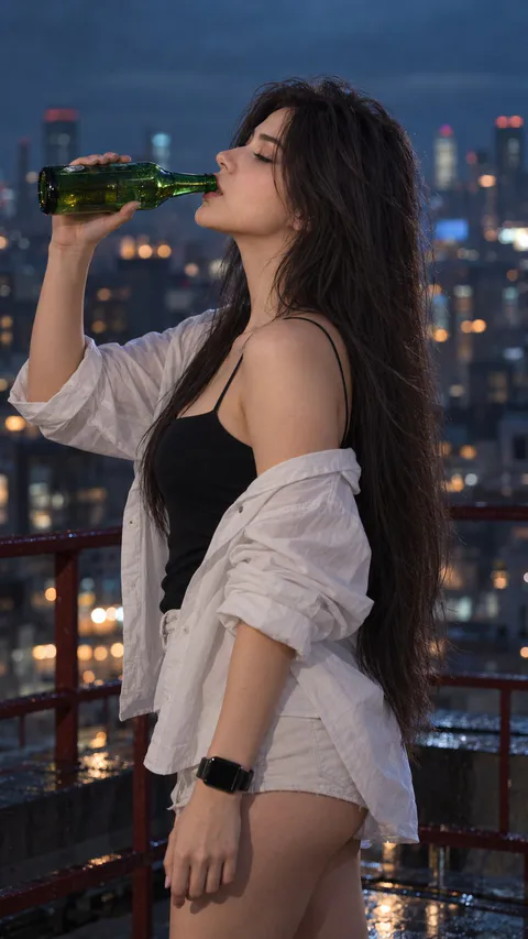 Side profile of a long-haired woman in a camisole and off-shoulder shirt drinking from a green bottle on a rooftop at night.