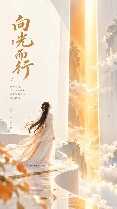 东方禅意美学海报，古装女子仰望金色垂直光束，云海与白柱环绕｜GPT Image 2 で生成
