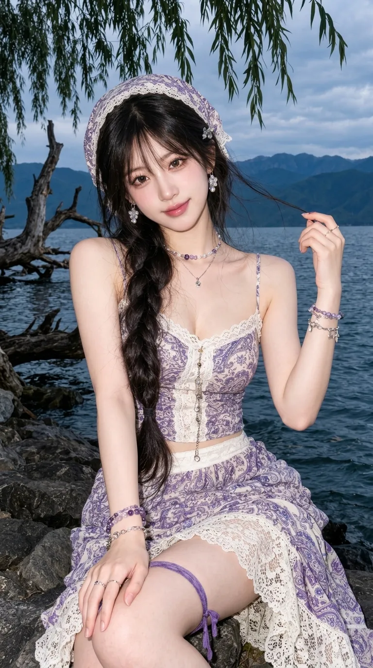 Young East Asian woman wearing patterned headscarf and camisole sitting on lakeside rocks looking at camera, generated with G