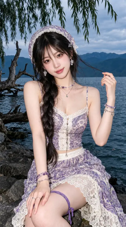 Young East Asian woman wearing patterned headscarf and camisole sitting on lakeside rocks looking at camera, generated with G