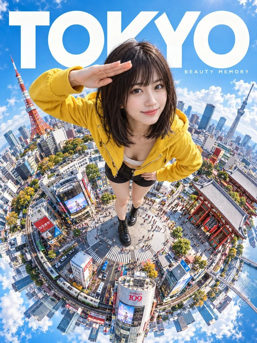 Fisheye top-down perspective poster of a young woman saluting in Tokyo with typography, generated with GPT Image 2