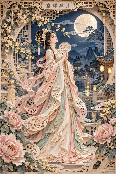 立体层叠剪纸风格的貂蝉拜月画面，女子手持团扇立于夜色庭院中，周遭牡丹盛开, generado con IA