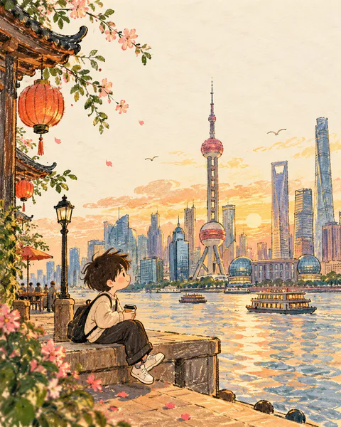 手绘插画风格的上海陆家嘴黄昏江景，少年坐在岸边远眺东方明珠｜GPT Image 2 生成