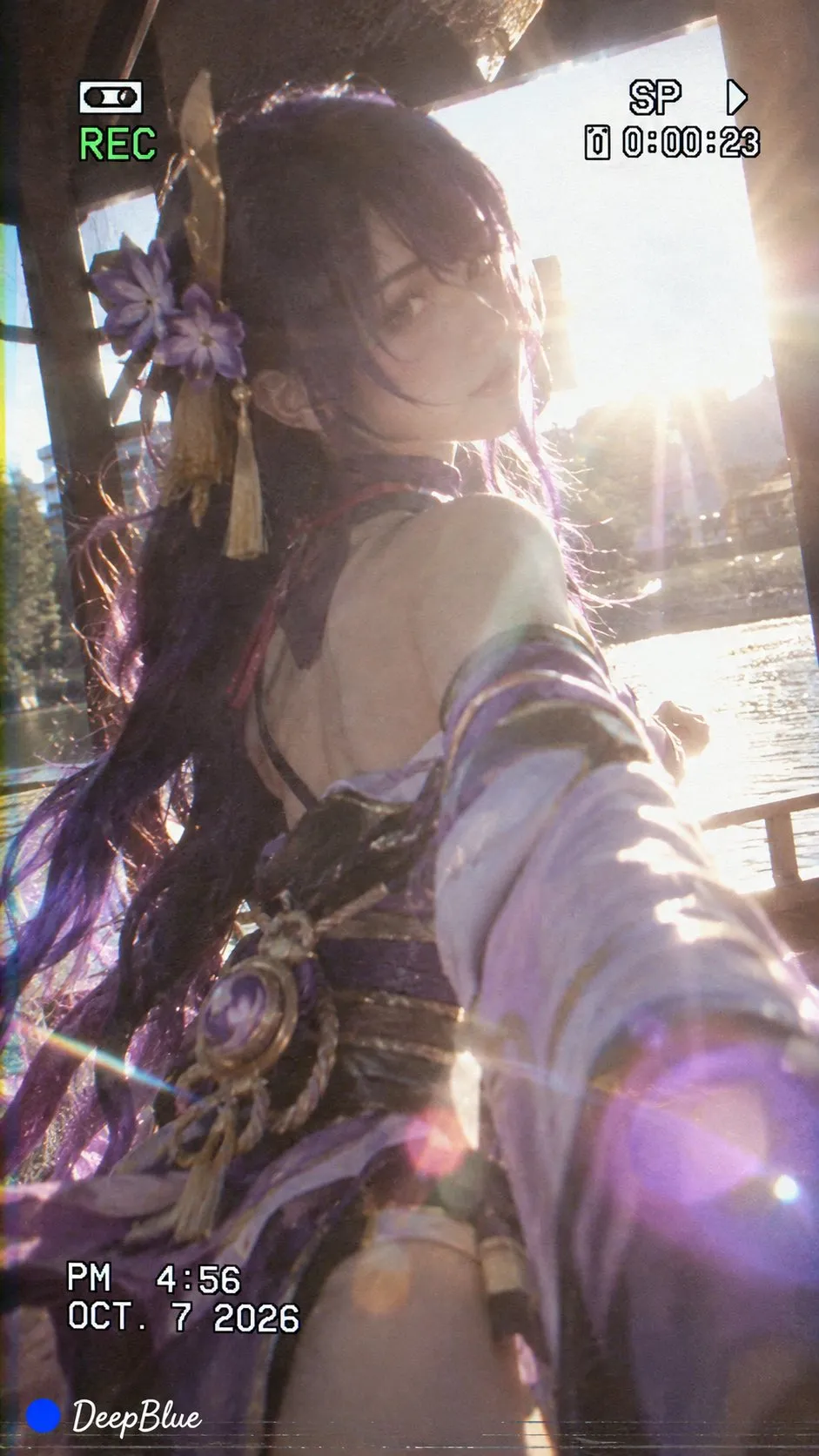 Polaroid snapshot of Raiden Shogun cosplayer glancing back against a backlit torii gate., generated with GPT Image 2