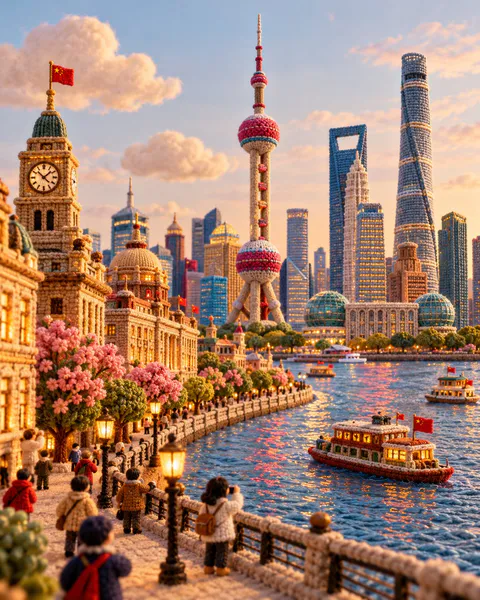 毛线与织物制作的上海东方明珠与外滩微缩景观｜GPT Image 2 生成