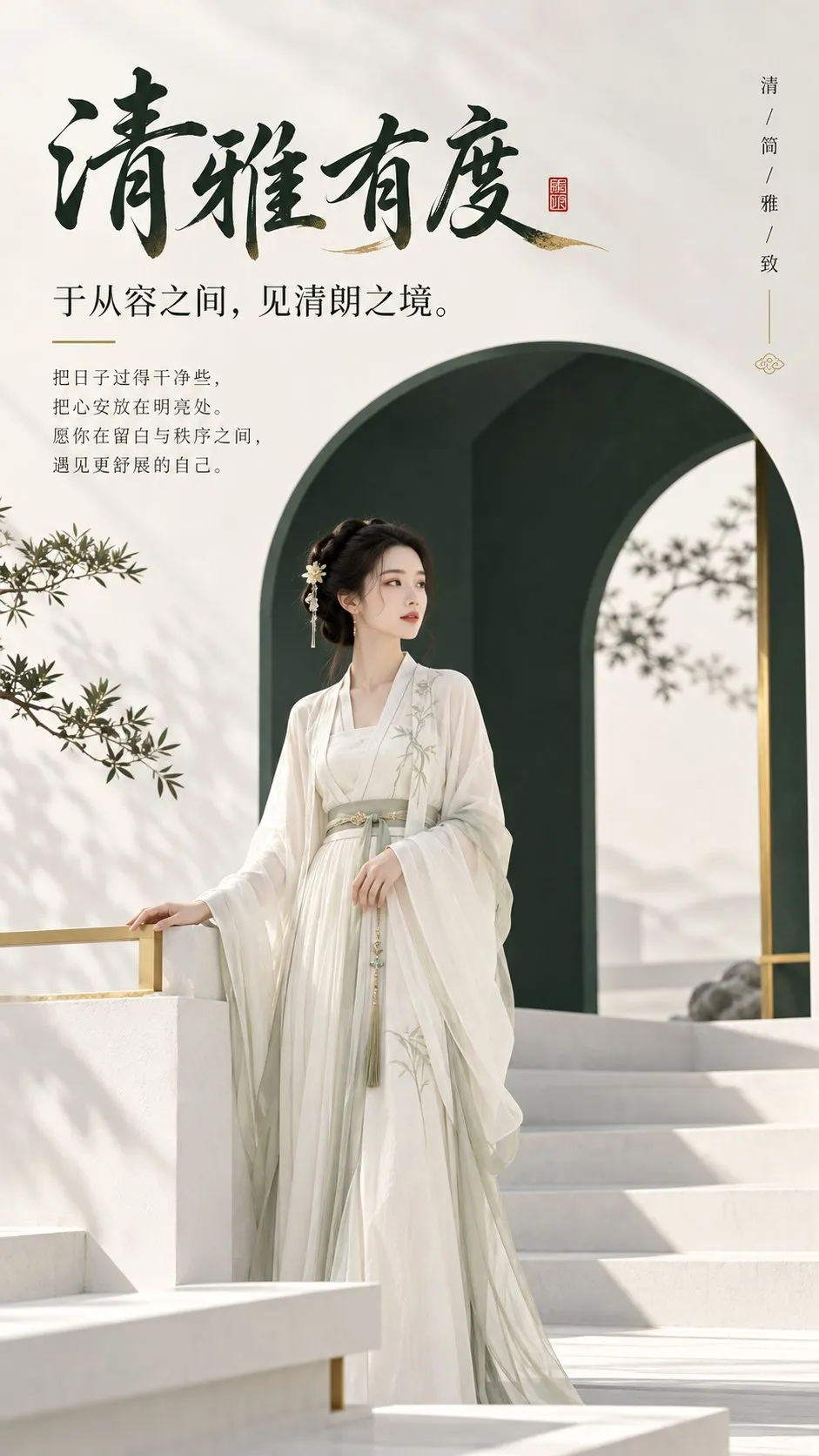 身穿浅色汉服的女子手扶阶梯栏杆站在墨绿色拱门前的新中式海报｜GPT Image 2 生成