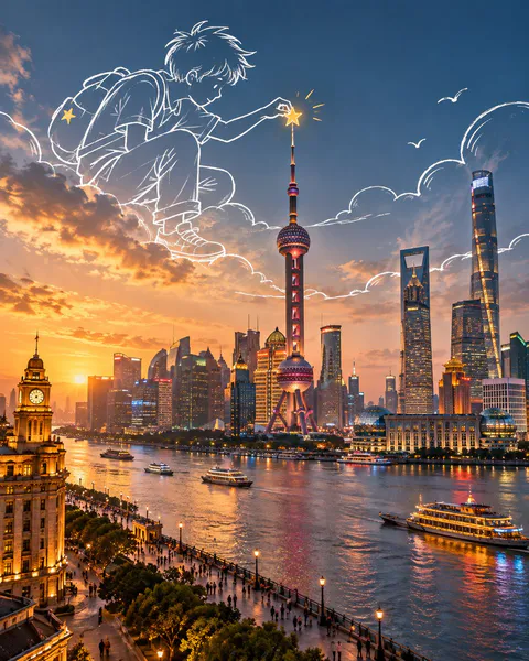 上海黄昏黄浦江与东方明珠塔，空中绘有白色线条涂鸦少年点亮塔顶星星｜GPT Image 2 生成