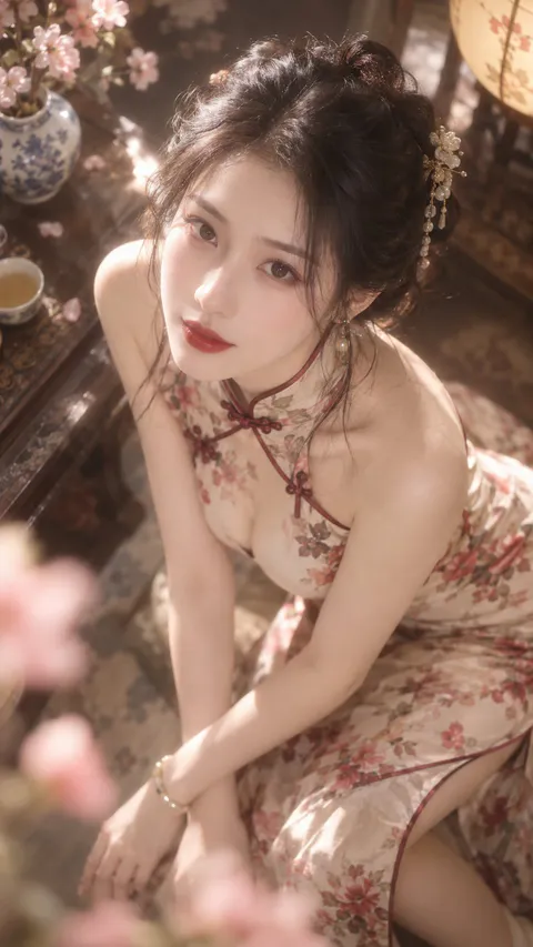 高角度俯拍身穿印花旗袍仰望镜头的年轻女性，柔光与发簪装饰｜GPT Image 2 生成