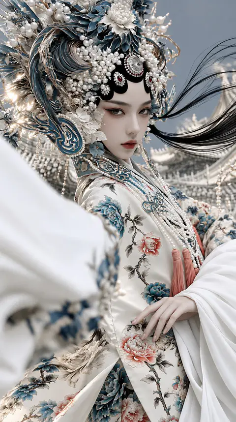 身穿白绸刺绣凤冠华服的清冷女性艺术人像, generado con GPT Image 2