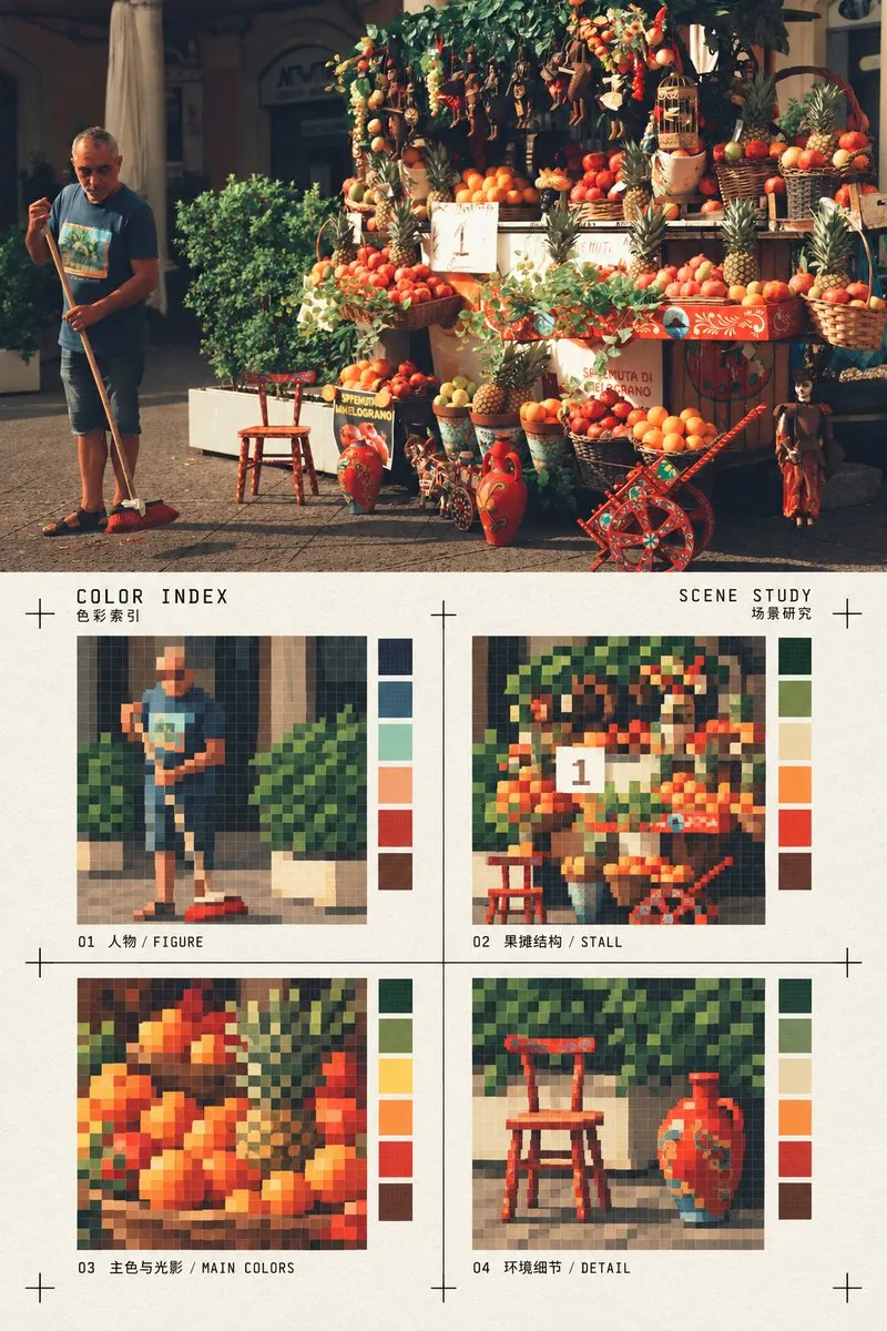 Comparative poster with top half showing a fruit stall photo and bottom half displaying four pixel color index blocks, genera
