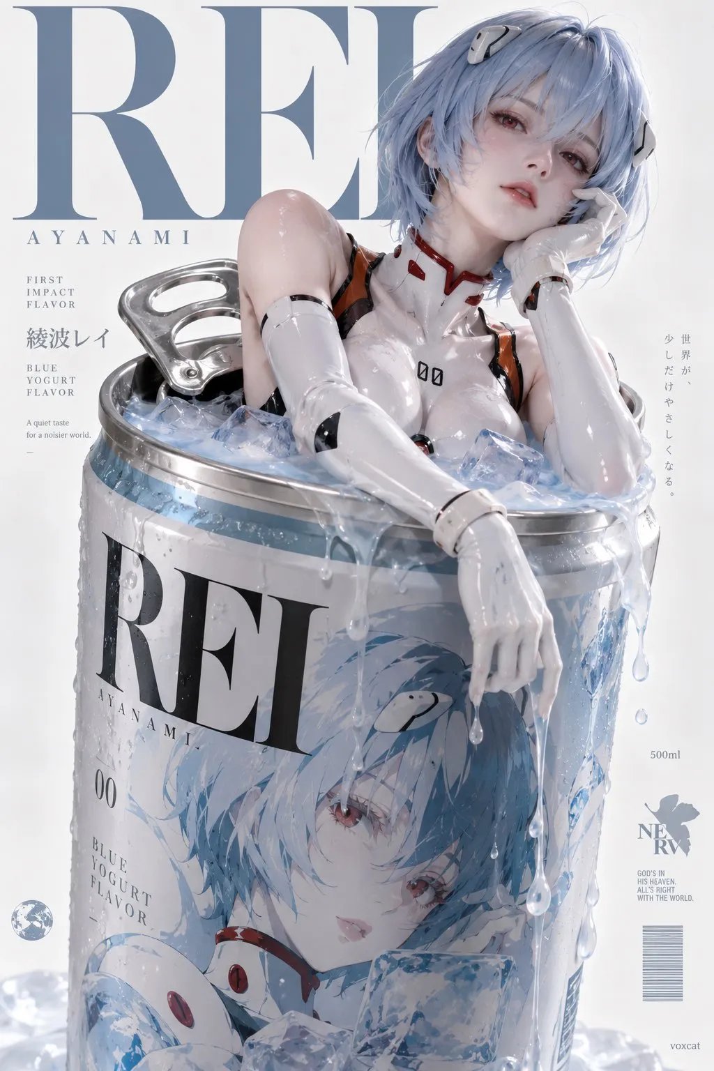 绫波丽从巨型冰镇酸奶易拉罐中探出身子的创意商业海报｜GPT Image 2 生成