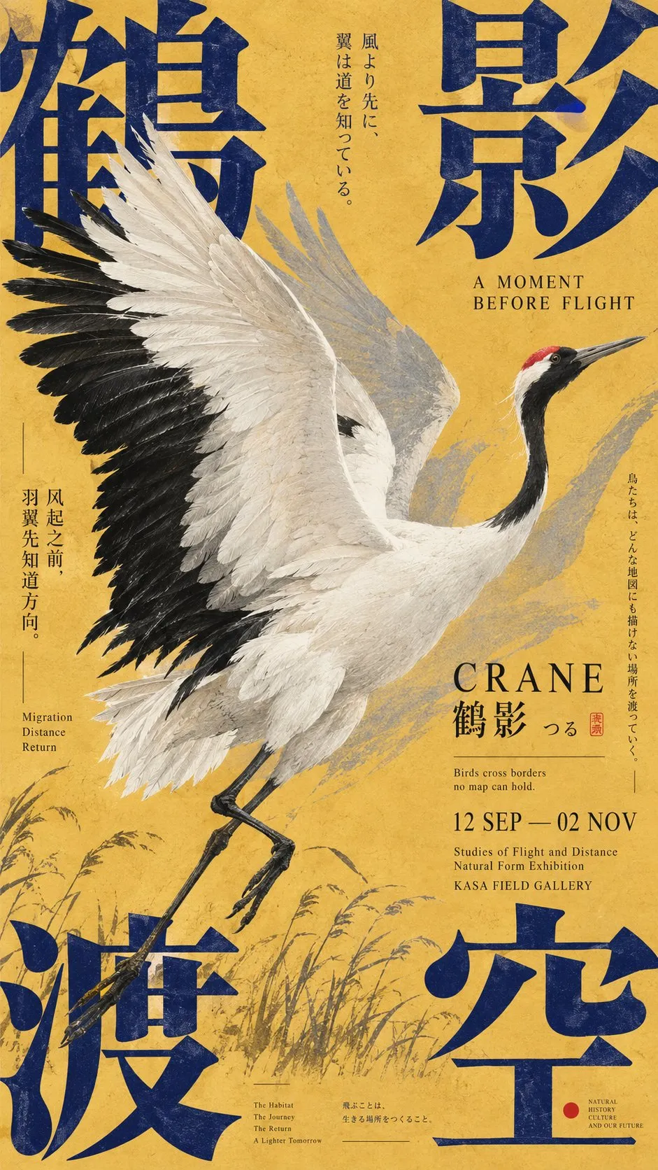 鹤影日式排版海报，飞鹤插画结合大字号书法汉字与展览排版｜GPT Image 2 生成