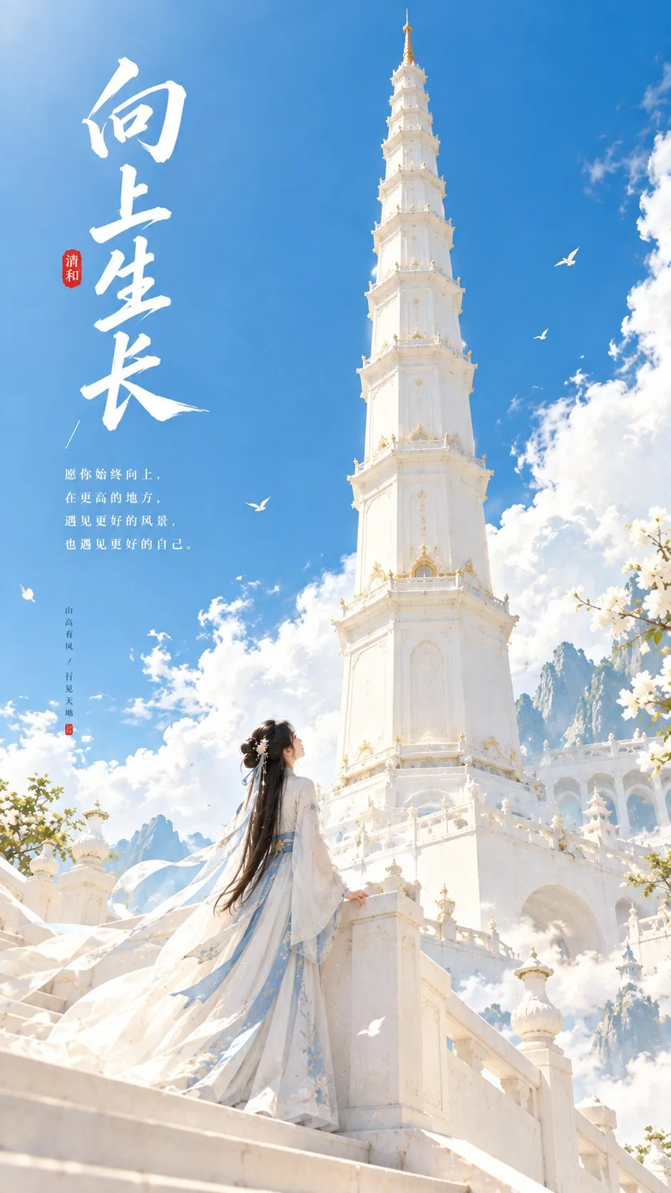 蓝天下耸立的白色高塔前，身着淡蓝古风长裙的女子仰望塔身的海报｜GPT Image 2 生成