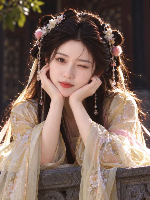 身穿浅黄色汉服的年轻女性趴在石栏杆上托腮微笑并轻眨单眼, generado con 通用 / 未注明