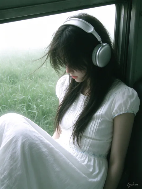 A young East Asian woman with headphones sitting by a train window in a white dress, gazing down softly., generated with Seed