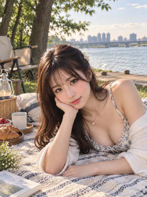 年轻女性穿着吊带碎花衫在河畔野餐毯上俯卧托腮微笑写真｜通用 / 未注明 生成