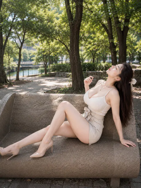 A young woman in a camisole resting gracefully on a stone bench in a sunny park, generated with 通用 / 未注明