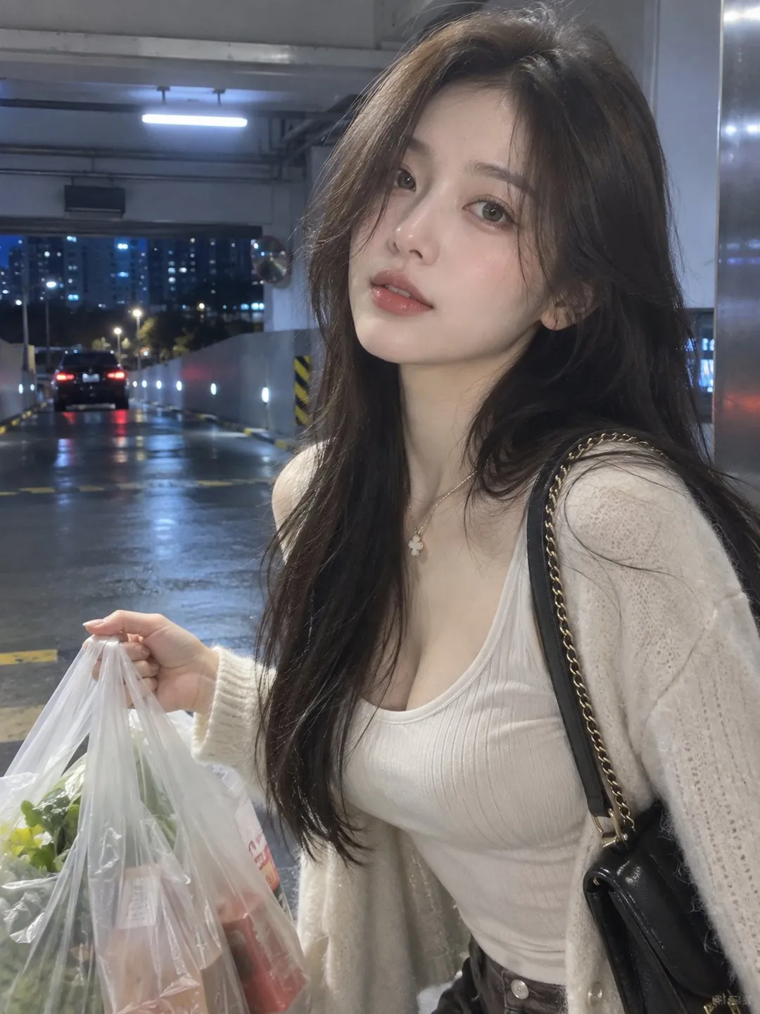 Young woman carrying plastic shopping bags in an underground garage wearing a tank top and cardigan, generated with 通用 / 未注明