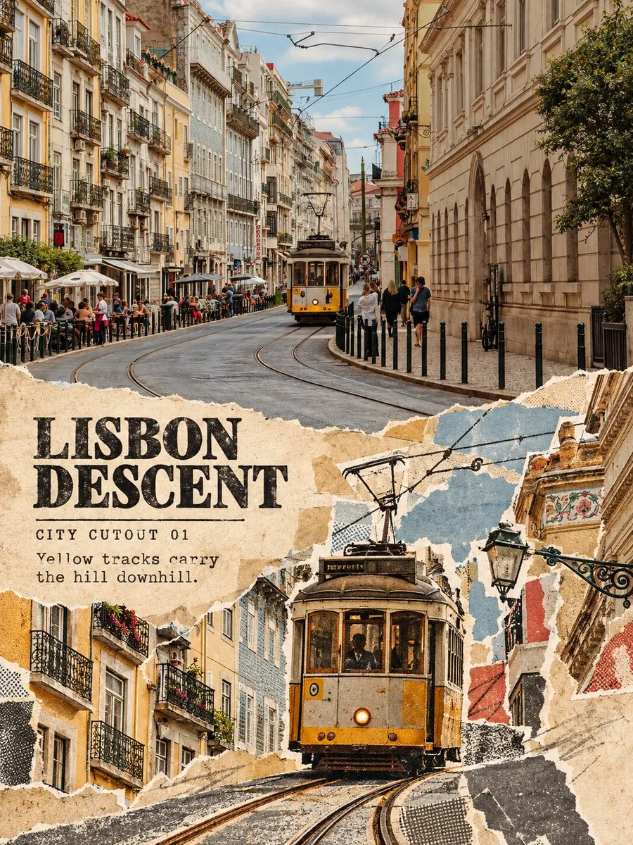Póster de collage con tranvía y calle de Lisboa: foto urbana arriba y collage de papel rasgado abajo, generado con 通用 / 未注明